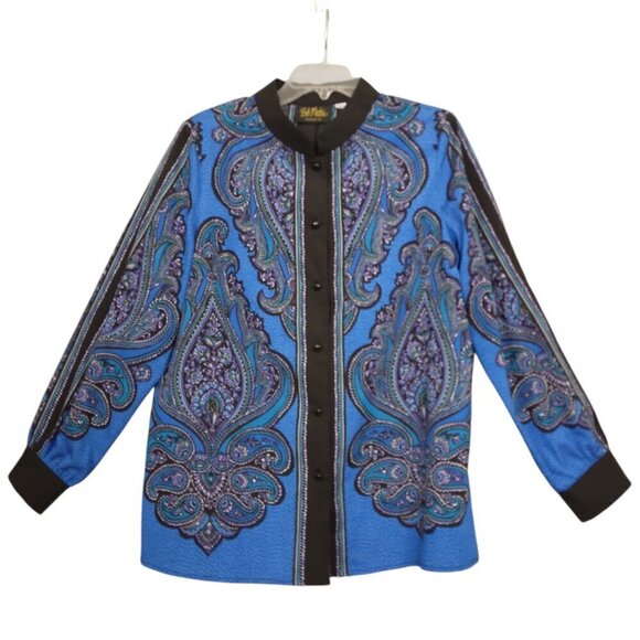 Bob Mackie | Paisley Print Button Front Shirt Blue Purple Teal | Size L - Picture 2 of 8